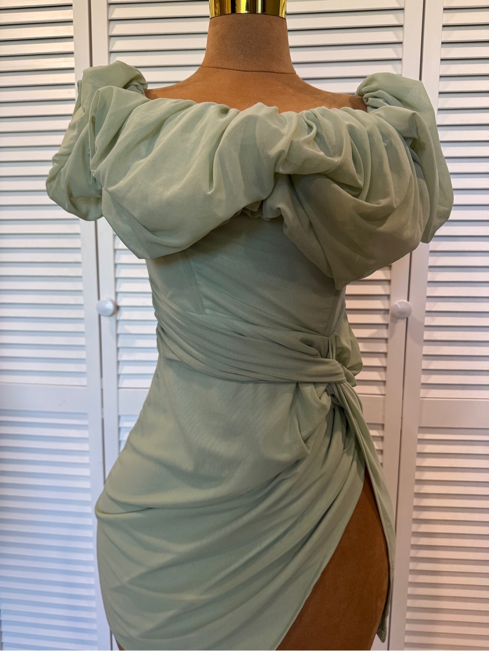 Off-Shoulder Sage Green Ruched Mini Dress - Picture 4 of 5